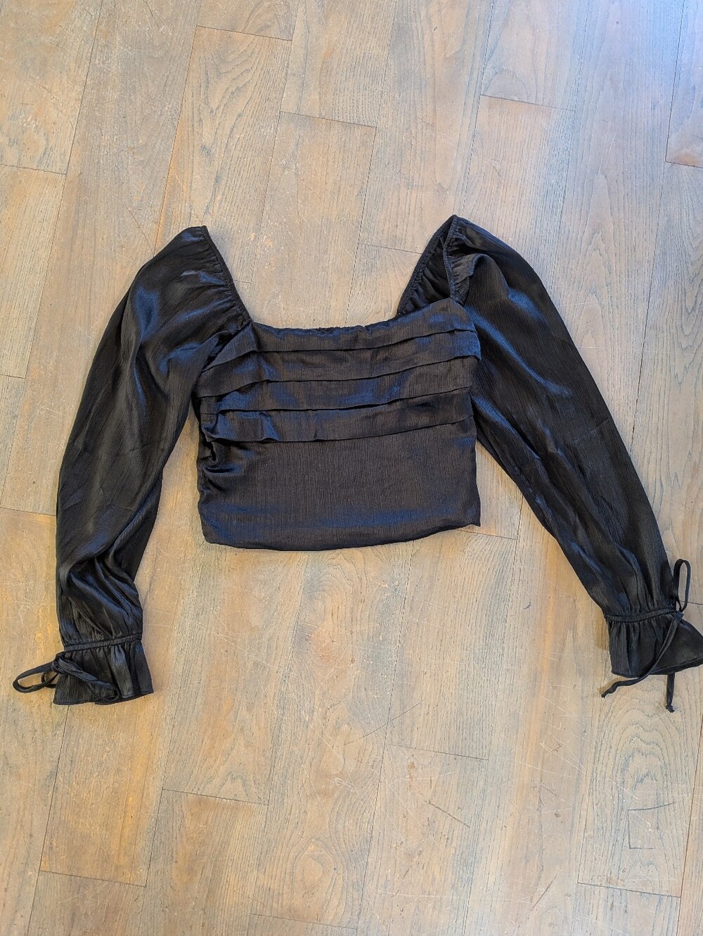 Audrey Parks Black Square-Neck Puff Sleeve Crop Top Medium